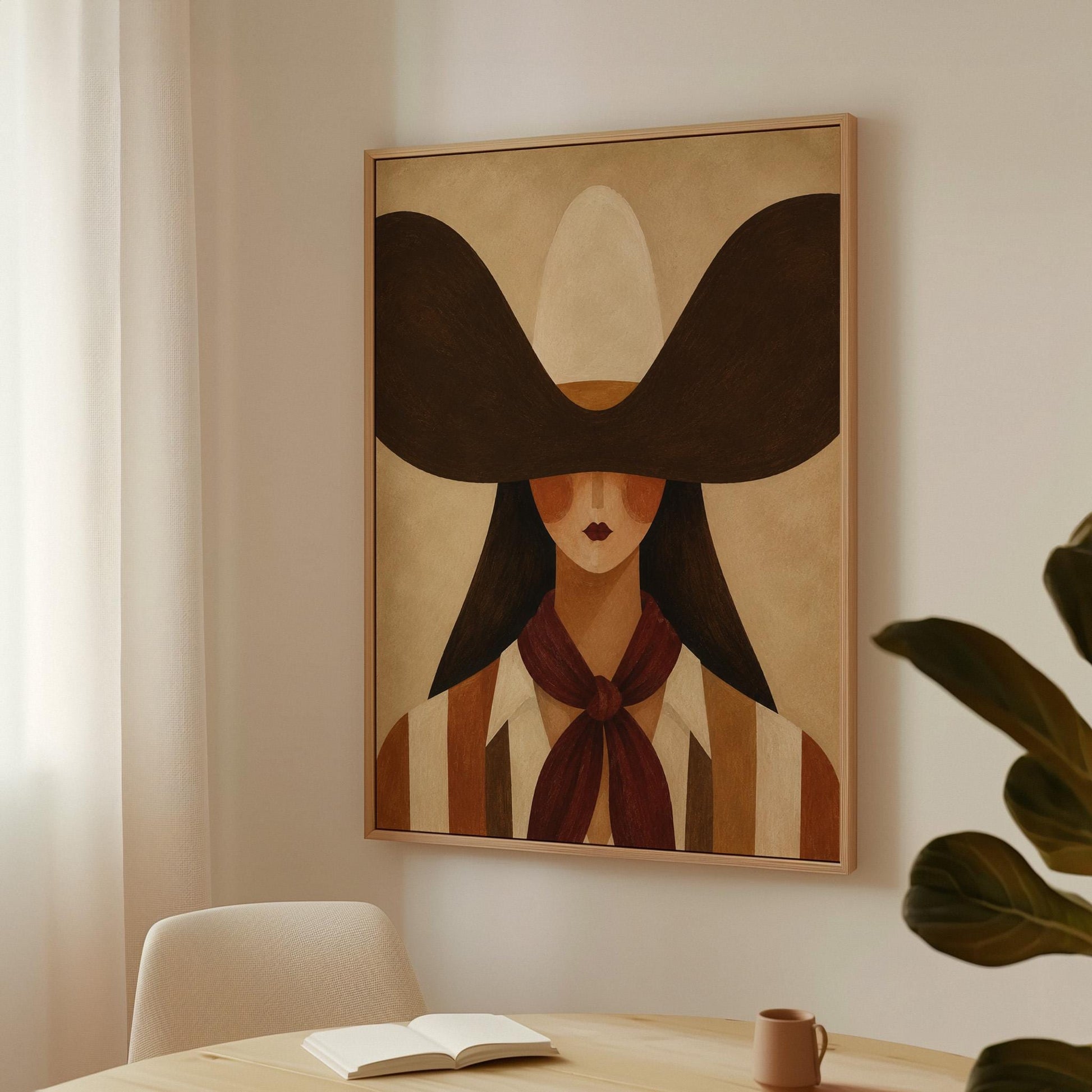 Faceless cowgirl in a wide black hat and mauve neckerchief on tan background, canvas print presented in a light, minimal room