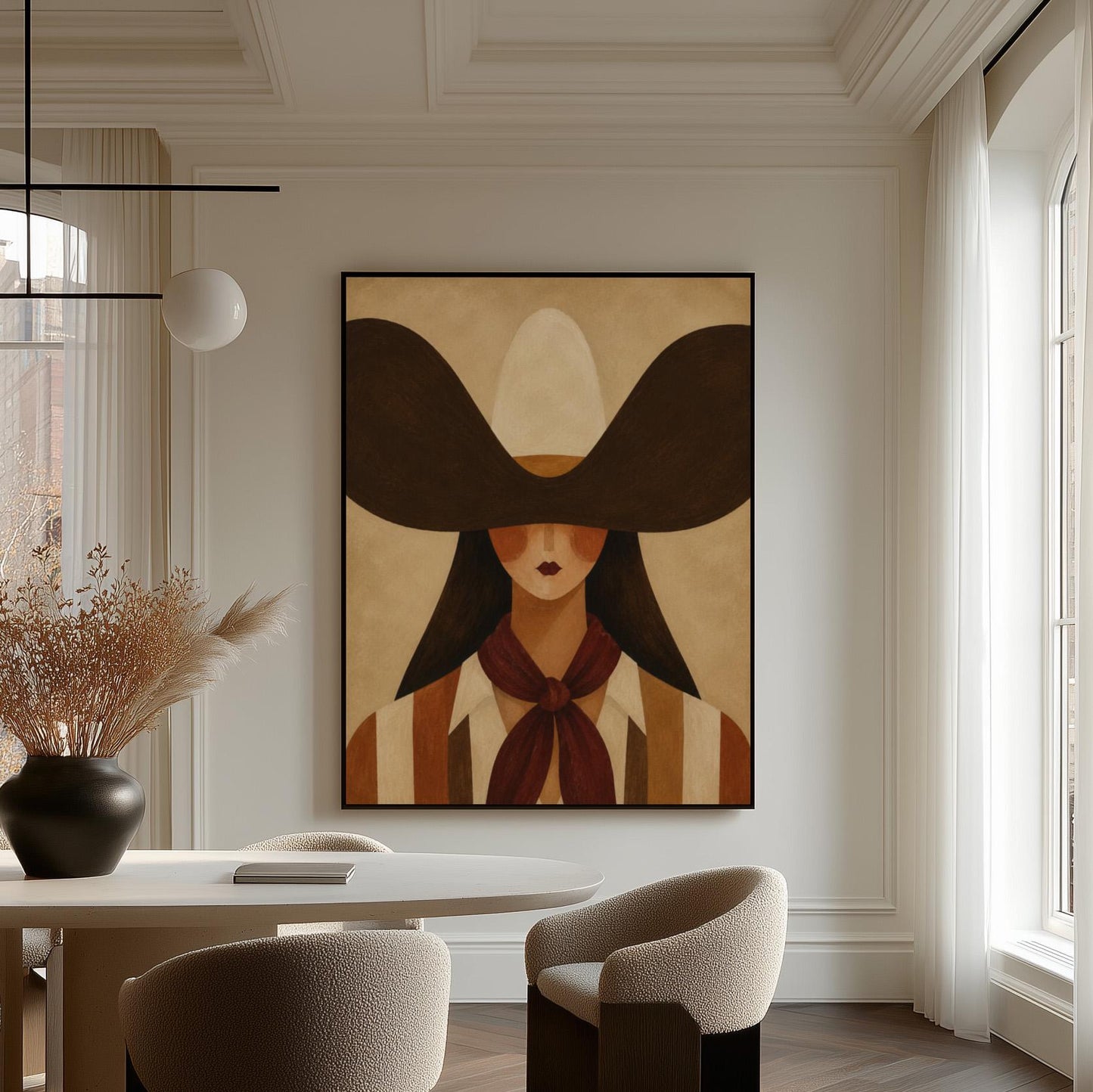 Faceless cowgirl in a wide black hat and mauve neckerchief on tan background, canvas print on a quiet wall in a considered interior