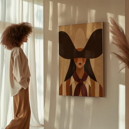 Faceless cowgirl in a wide black hat and mauve neckerchief on tan background, canvas wall art styled against a soft white wall