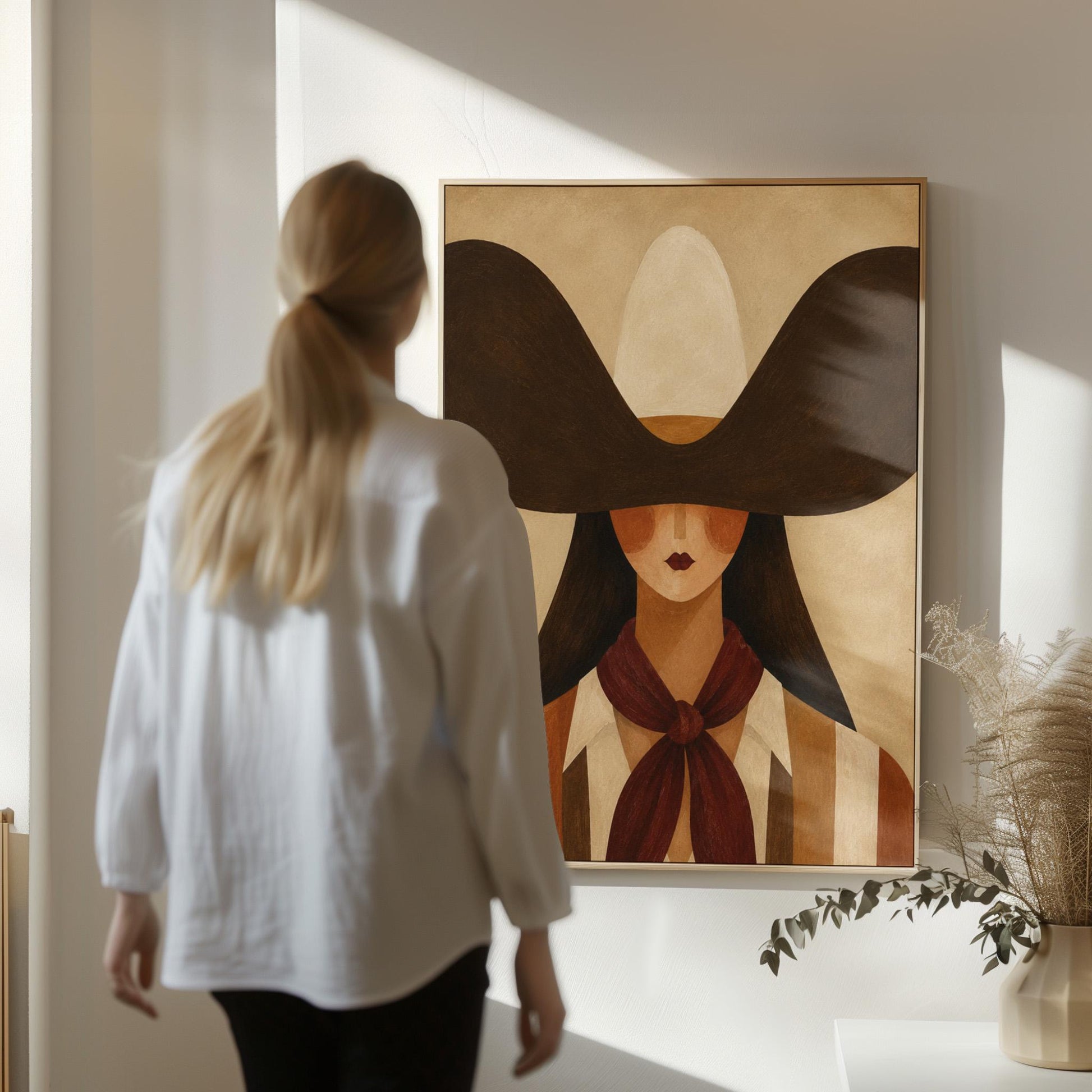 Faceless cowgirl in a wide black hat and mauve neckerchief on tan background, canvas wall art seen in a warm interior with natural light