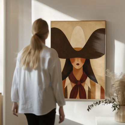 Faceless cowgirl in a wide black hat and mauve neckerchief on tan background, canvas wall art seen in a warm interior with natural light