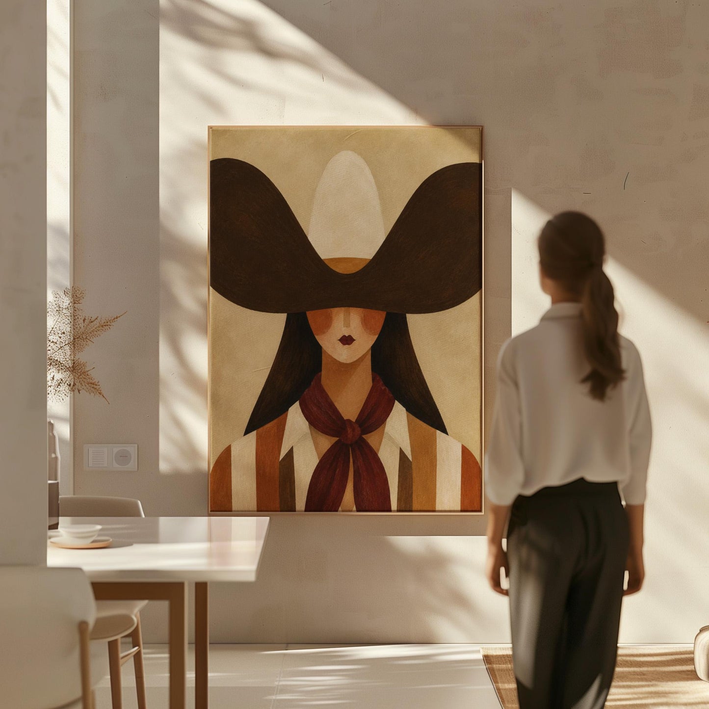 Faceless cowgirl in a wide black hat and mauve neckerchief on tan background, canvas wall art presented in a light, minimal room