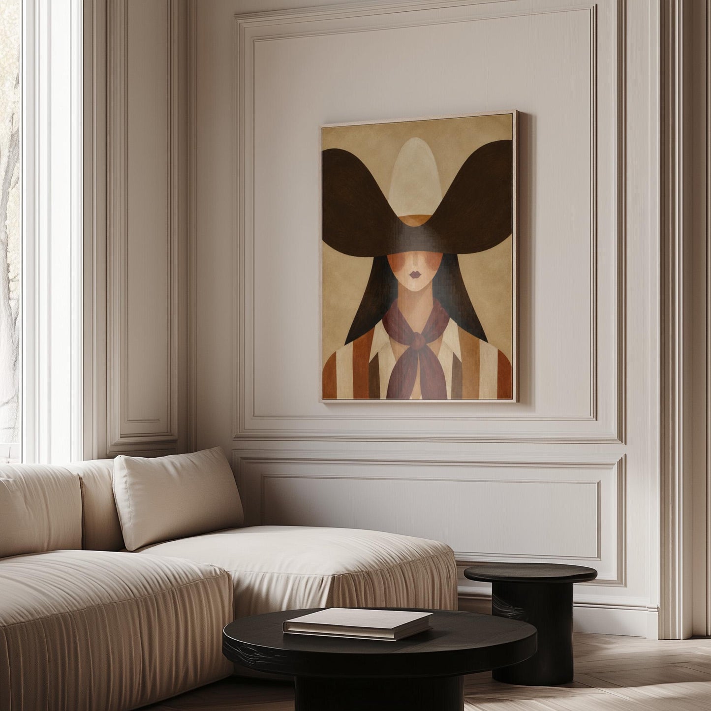 Faceless cowgirl in a wide black hat and mauve neckerchief on tan background, canvas wall art on a quiet wall in a considered interior