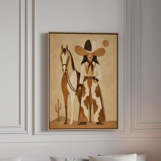 Cowgirl in cow print chaps standing beside a horse in a warm desert scene, canvas print in a bright room with natural daylight