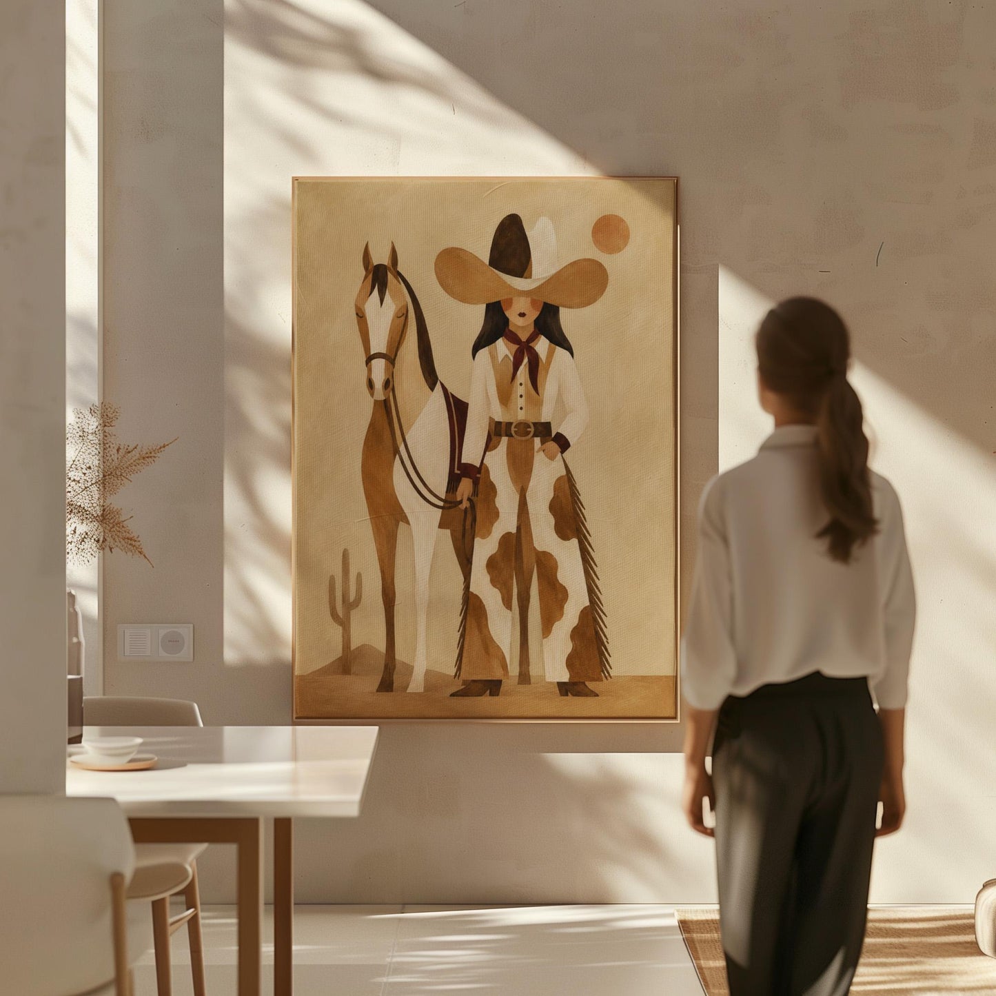 Cowgirl in cow print chaps standing beside a horse in a warm desert scene, canvas print styled against a soft white wall
