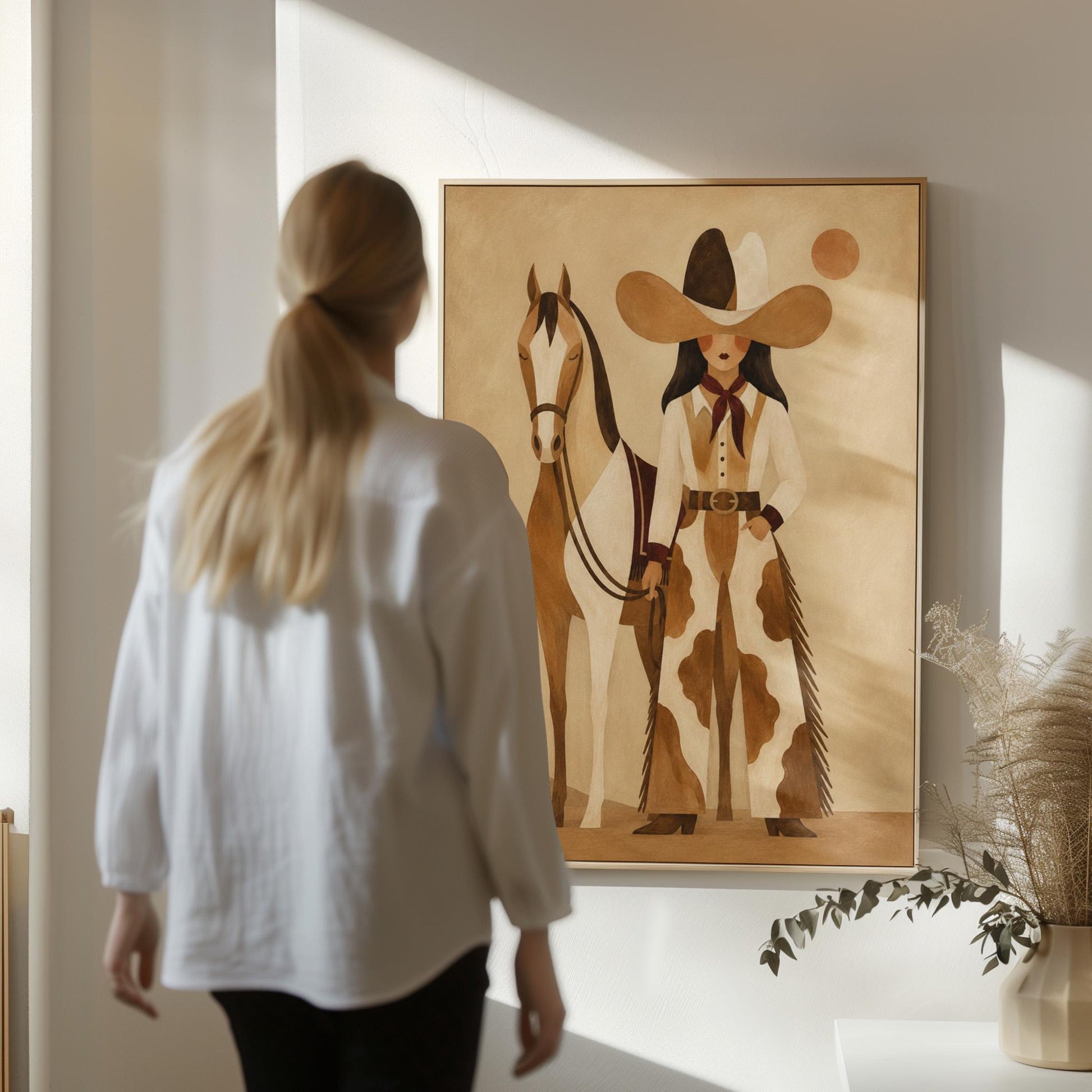 Cowgirl in cow print chaps standing beside a horse in a warm desert scene, canvas print presented in a light, minimal room