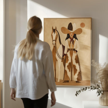 Cowgirl in cow print chaps standing beside a horse in a warm desert scene, canvas print presented in a light, minimal room