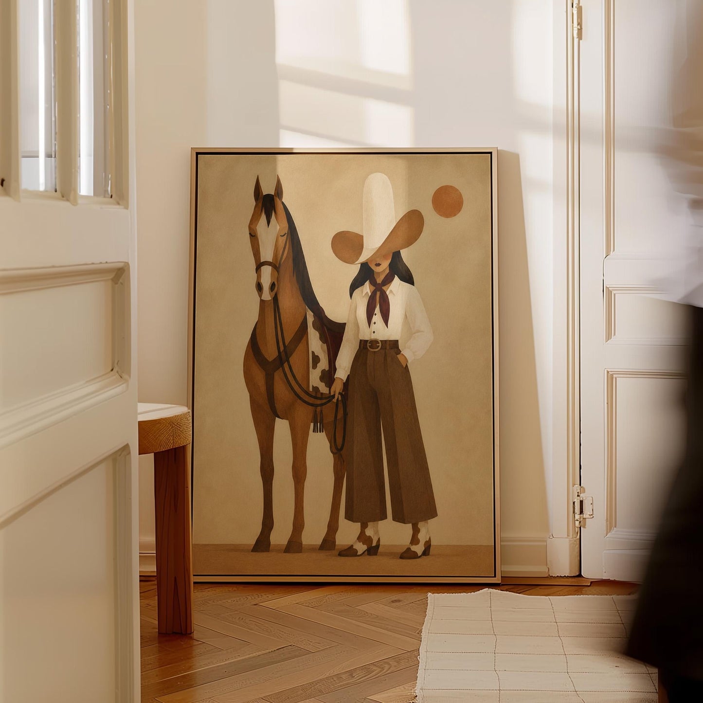 Cowgirl in a pale wide brim hat holding the reins of a bay horse at dusk, canvas print presented in a light, minimal room