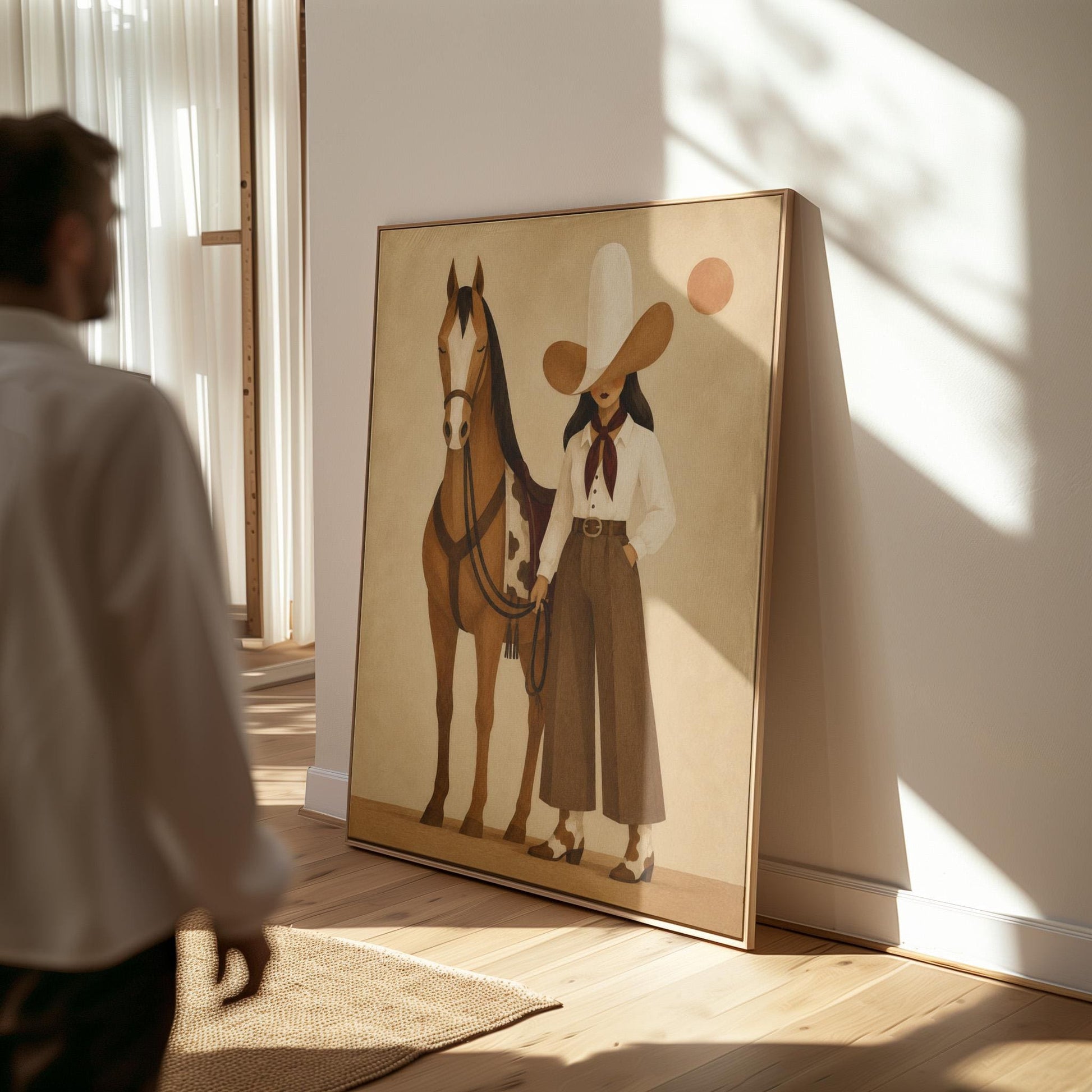Cowgirl in a pale wide brim hat holding the reins of a bay horse at dusk, canvas print on a quiet wall in a considered interior