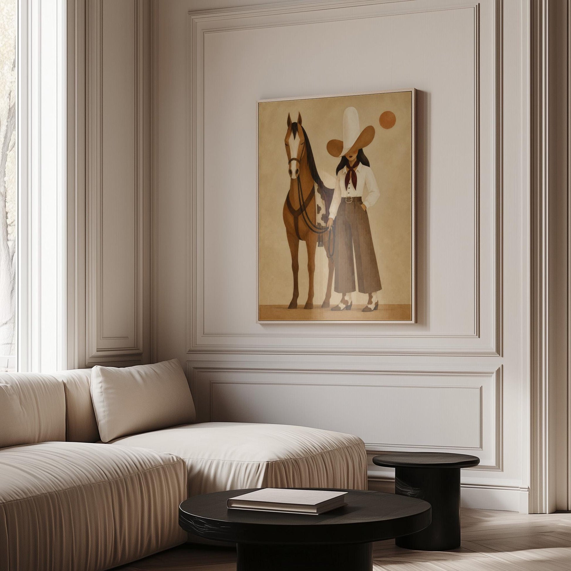 Cowgirl in a pale wide brim hat holding the reins of a bay horse at dusk, canvas print shown to scale in a furnished room