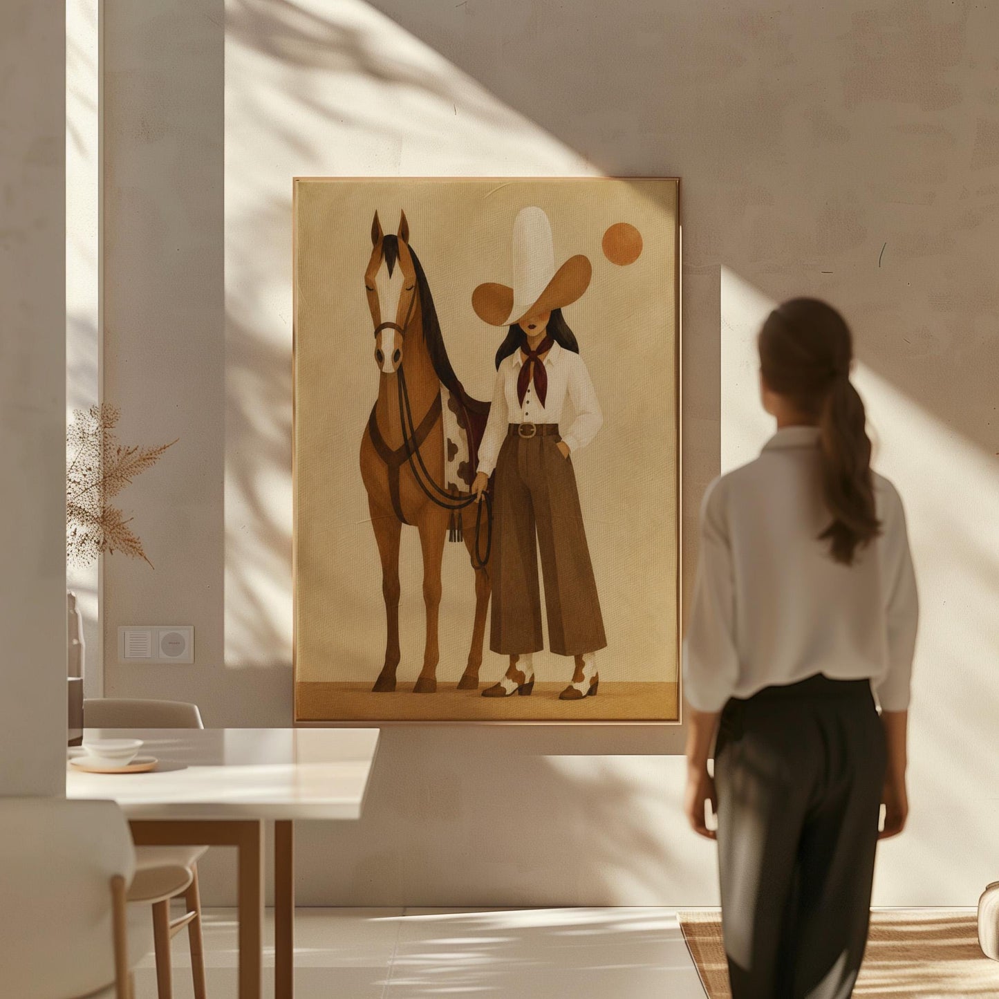 Cowgirl in a pale wide brim hat holding the reins of a bay horse at dusk, canvas print displayed on a neutral wall in a styled interior