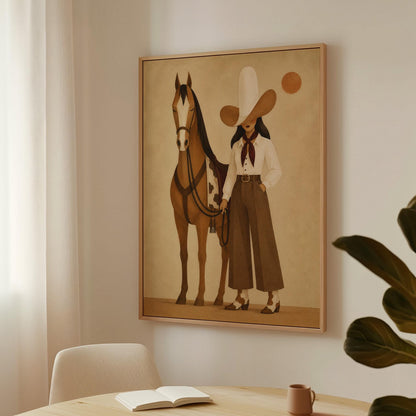 Cowgirl in a pale wide brim hat holding the reins of a bay horse at dusk, canvas wall art styled against a soft white wall