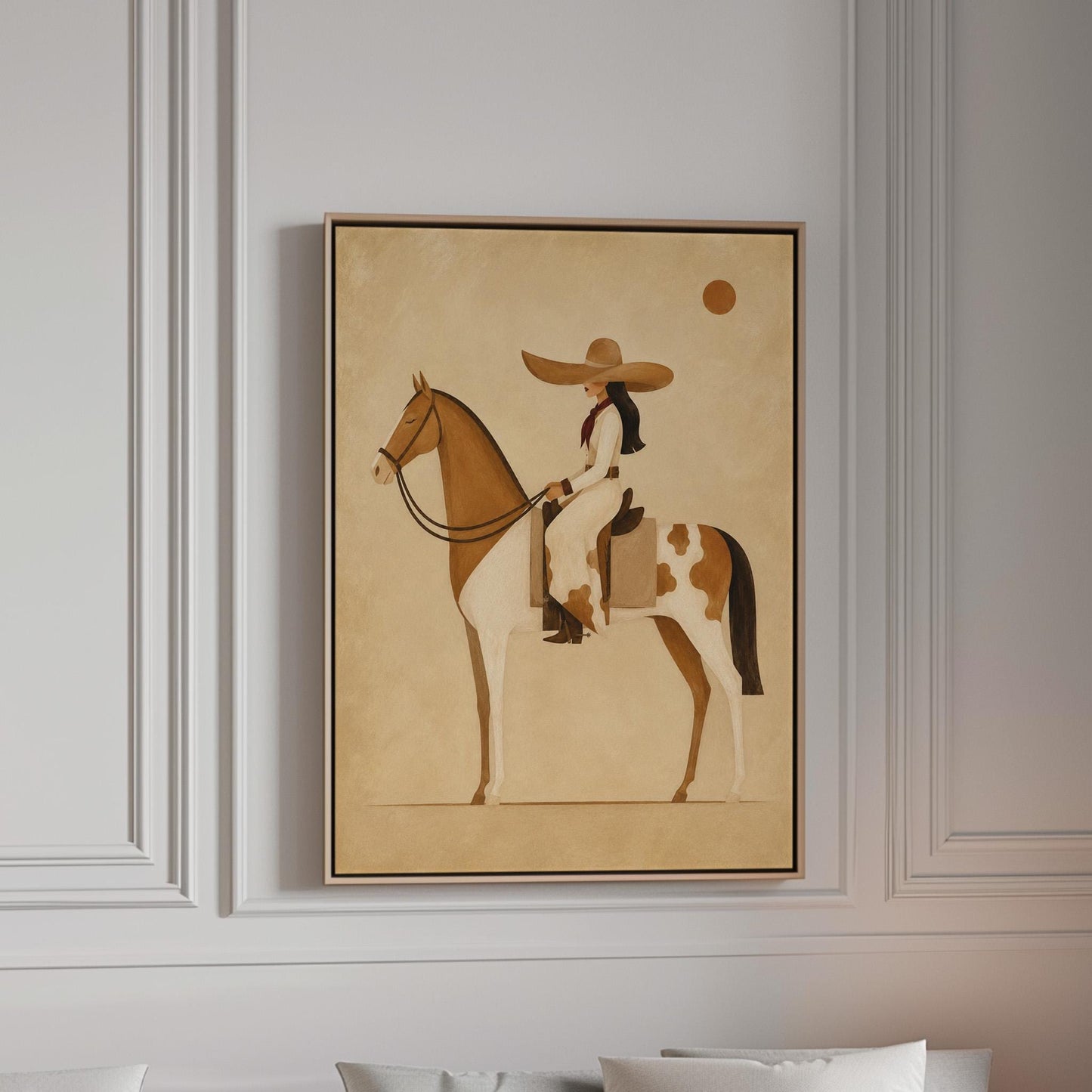 Cowgirl in a broad straw hat riding a cream and chestnut pinto horse, canvas print in a bright room with natural daylight