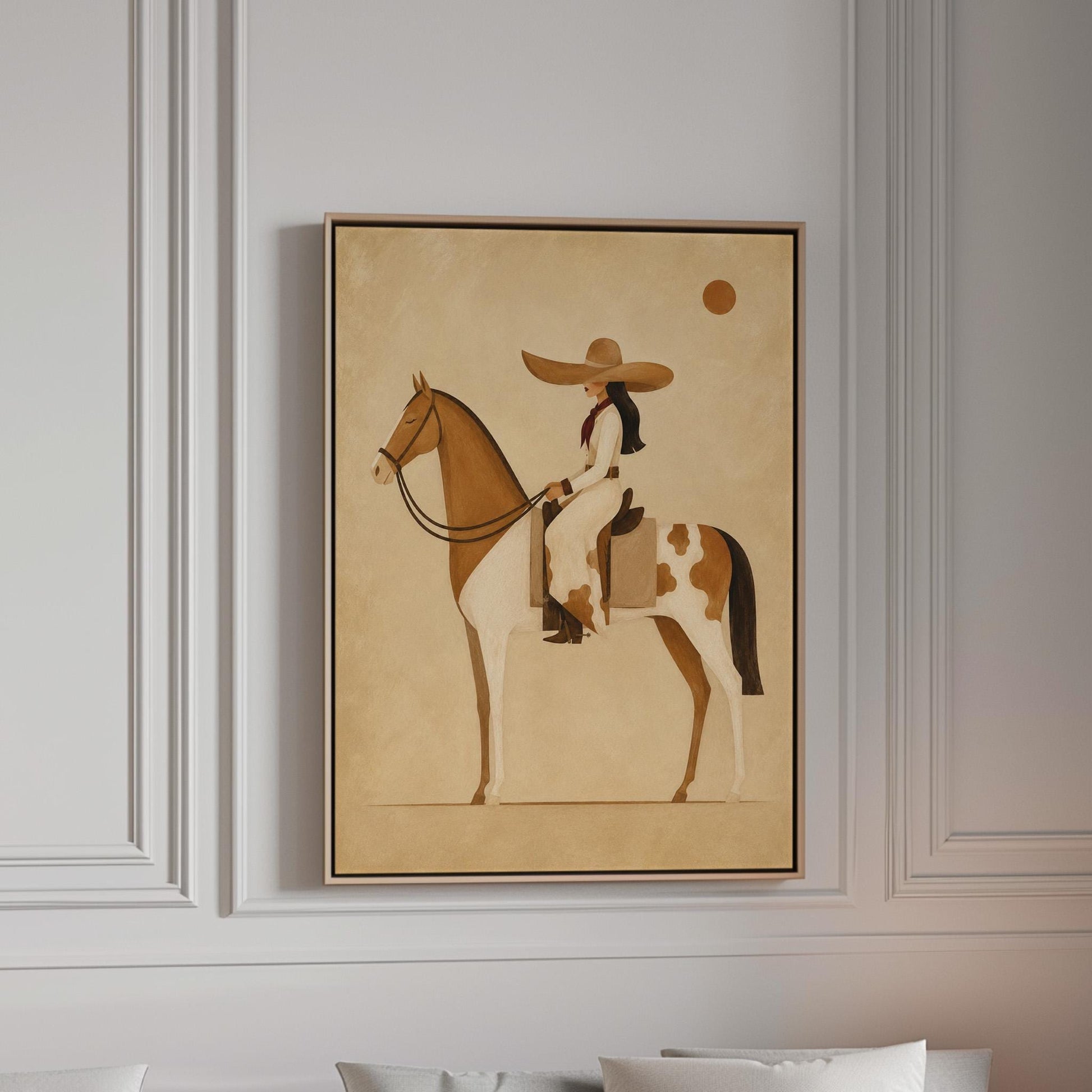 Cowgirl in a broad straw hat riding a cream and chestnut pinto horse, canvas print in a bright room with natural daylight