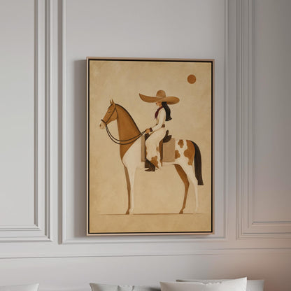 Cowgirl in a broad straw hat riding a cream and chestnut pinto horse, canvas print in a bright room with natural daylight