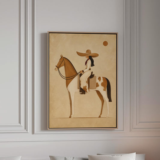 Cowgirl in a broad straw hat riding a cream and chestnut pinto horse, canvas print in a bright room with natural daylight