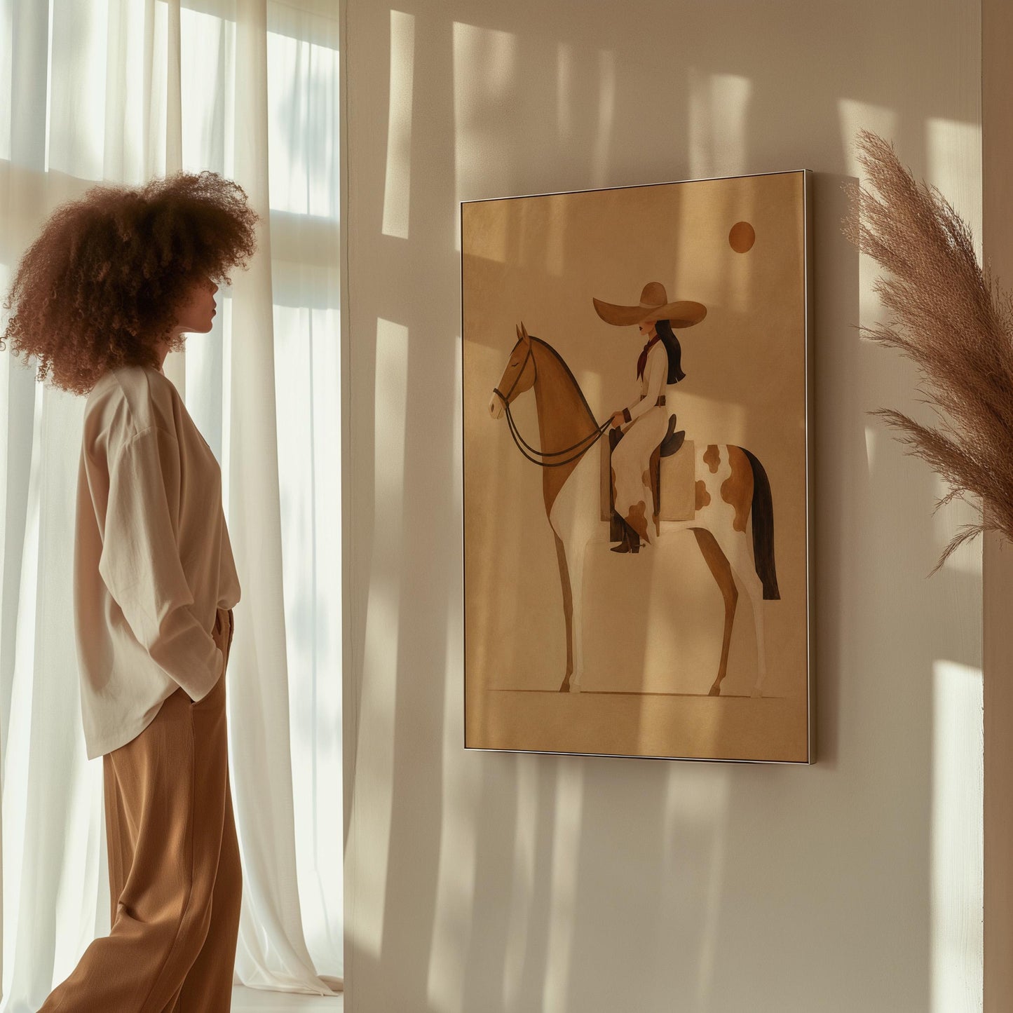 Cowgirl in a broad straw hat riding a cream and chestnut pinto horse, canvas print styled against a soft white wall
