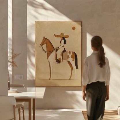 Cowgirl in a broad straw hat riding a cream and chestnut pinto horse, canvas print presented in a light, minimal room
