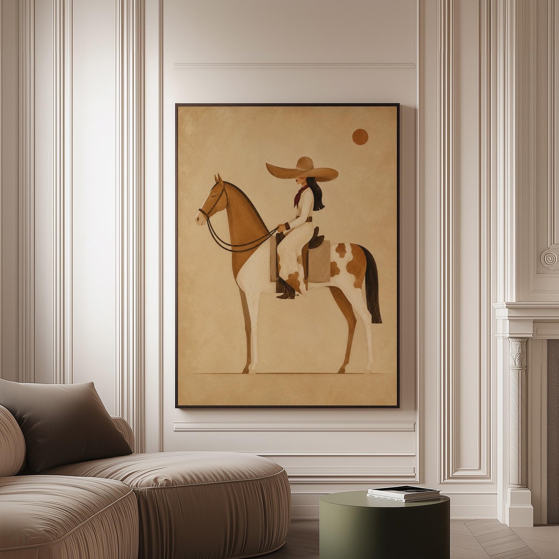 Cowgirl in a broad straw hat riding a cream and chestnut pinto horse, canvas print on a softly lit wall in a calm interior