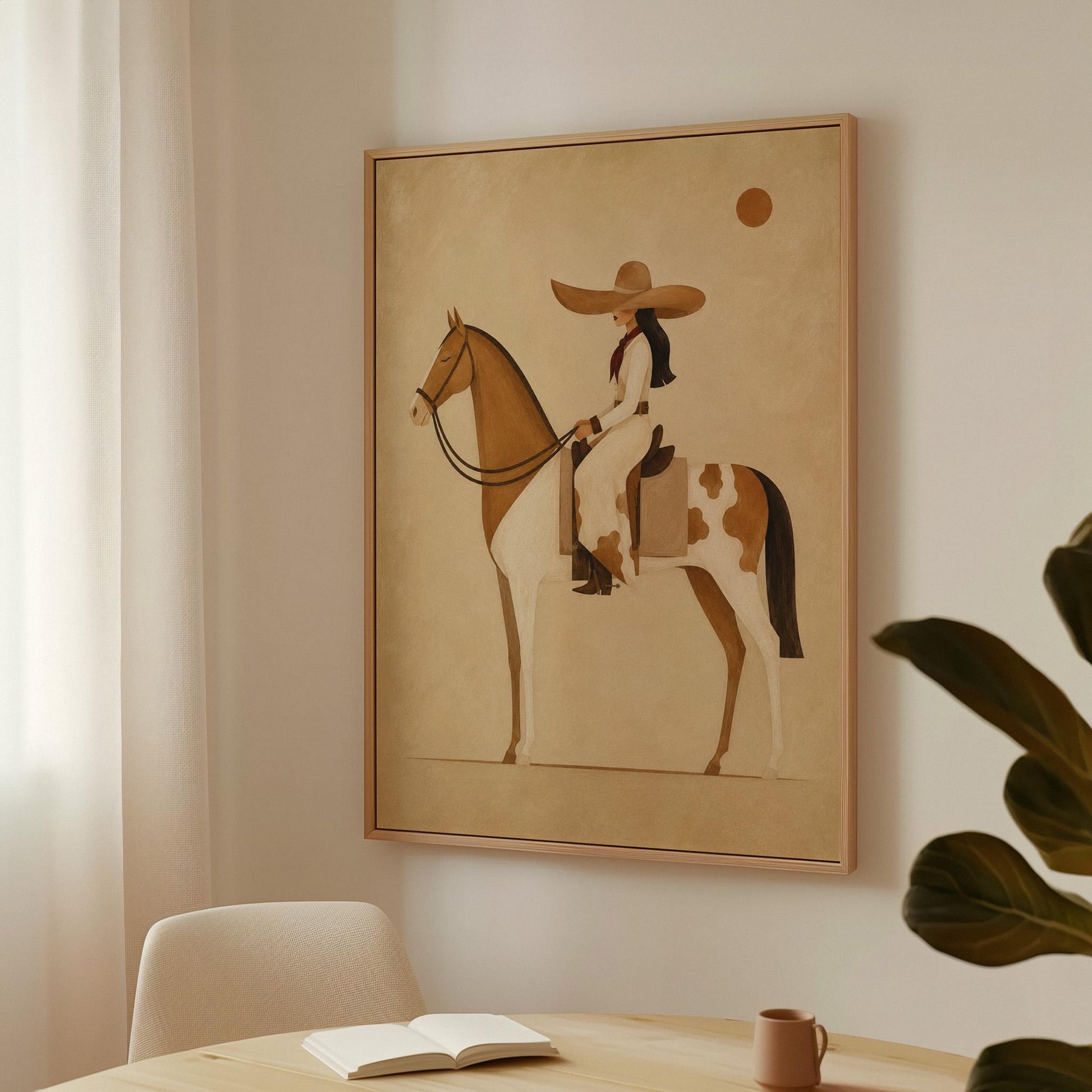 Cowgirl in a broad straw hat riding a cream and chestnut pinto horse, canvas wall art seen in a warm interior with natural light
