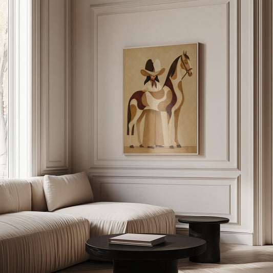 Cowgirl resting her hand on a paint horse with a deep burgundy blanket, canvas print hanging in a calm, modern living space