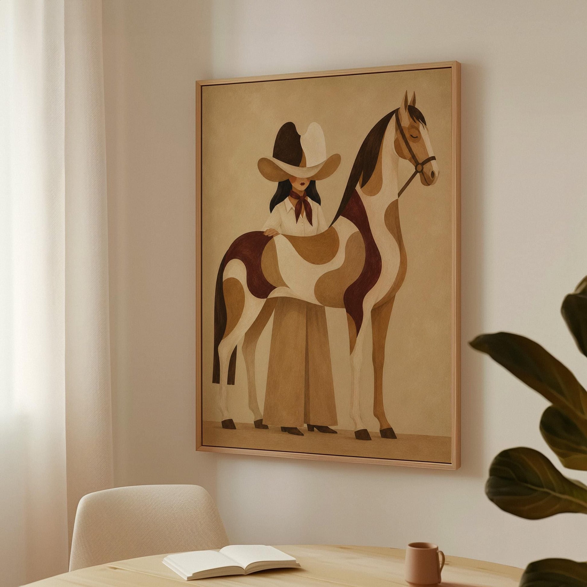 Cowgirl resting her hand on a paint horse with a deep burgundy blanket, canvas print shown in a sunlit, contemporary room