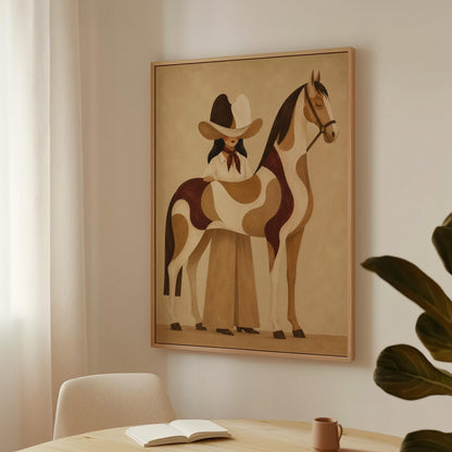 Cowgirl resting her hand on a paint horse with a deep burgundy blanket, canvas print shown in a sunlit, contemporary room