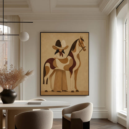 Cowgirl resting her hand on a paint horse with a deep burgundy blanket, canvas wall art seen in a warm interior with natural light
