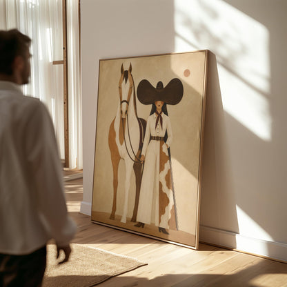 Cowgirl in a sculptural black hat standing with a horse in the desert sun, canvas print seen in a warm interior with natural light