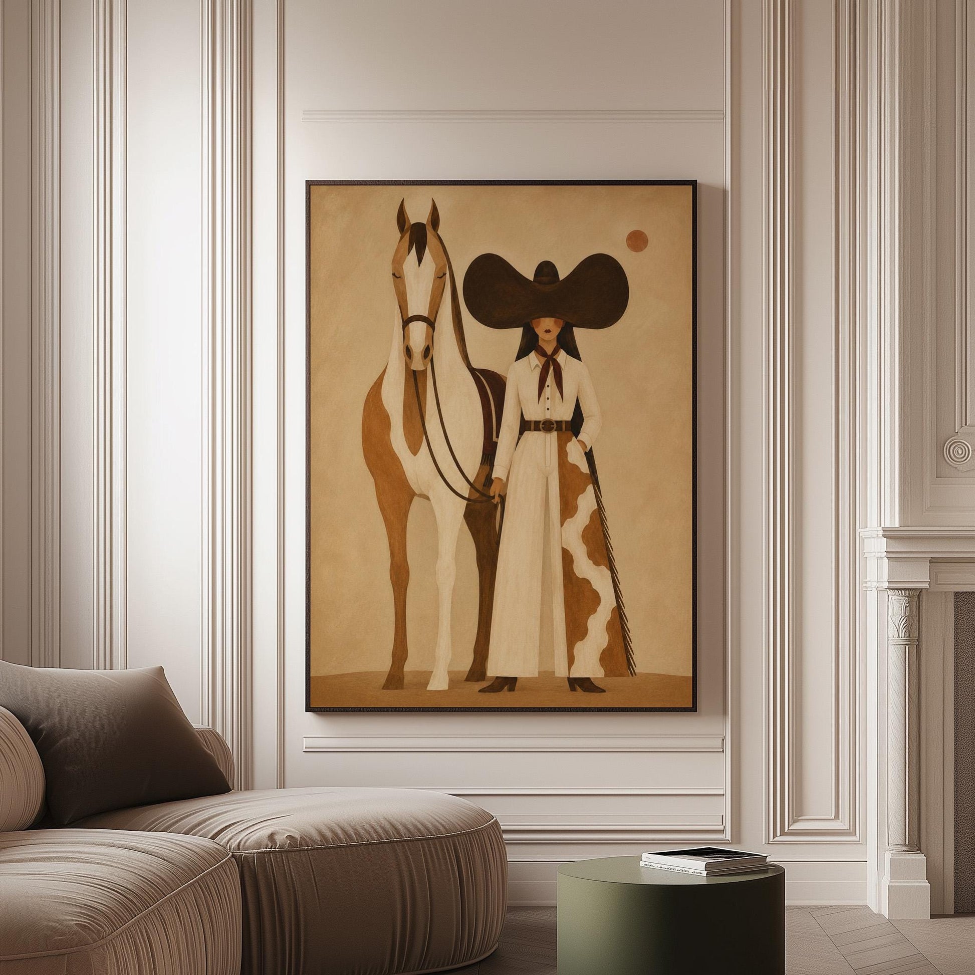 Cowgirl in a sculptural black hat standing with a horse in the desert sun, canvas print on a softly lit wall in a calm interior