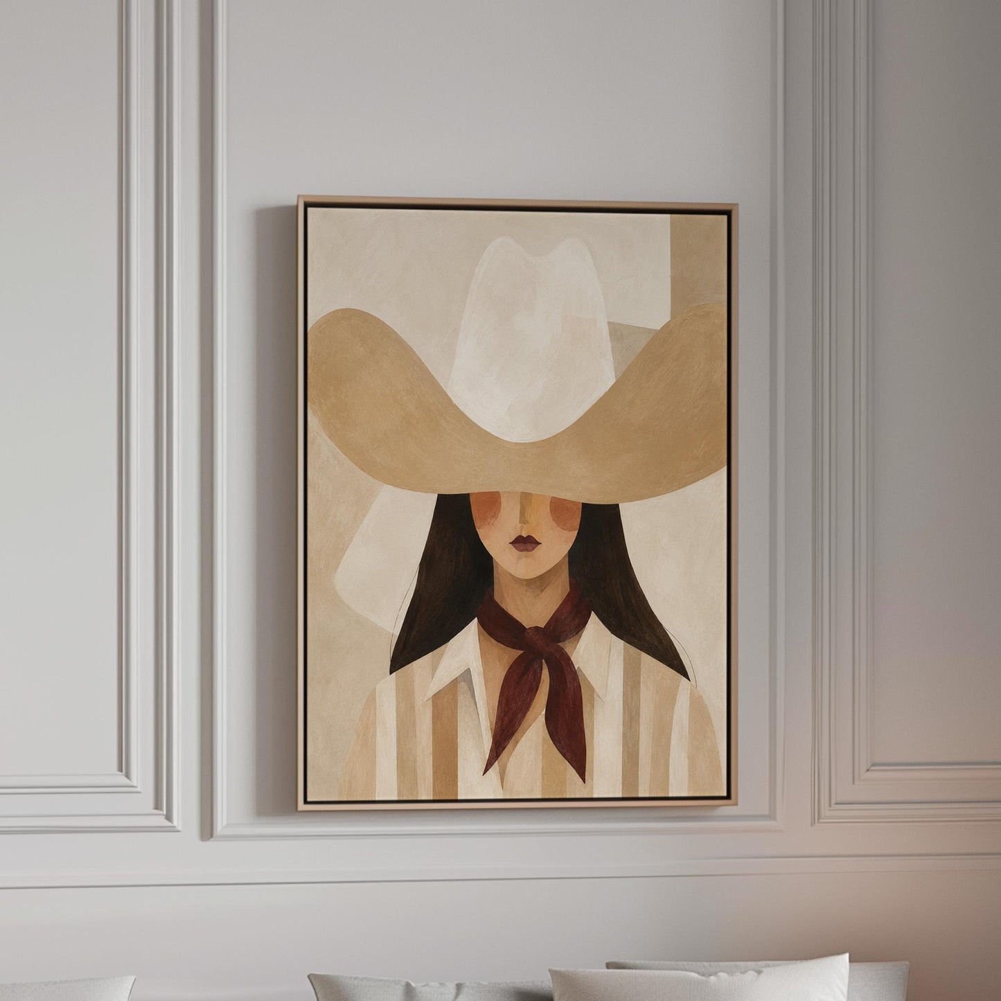 Close portrait of a cowgirl under a tan wide brim hat with a plum scarf, canvas print in a bright room with natural daylight