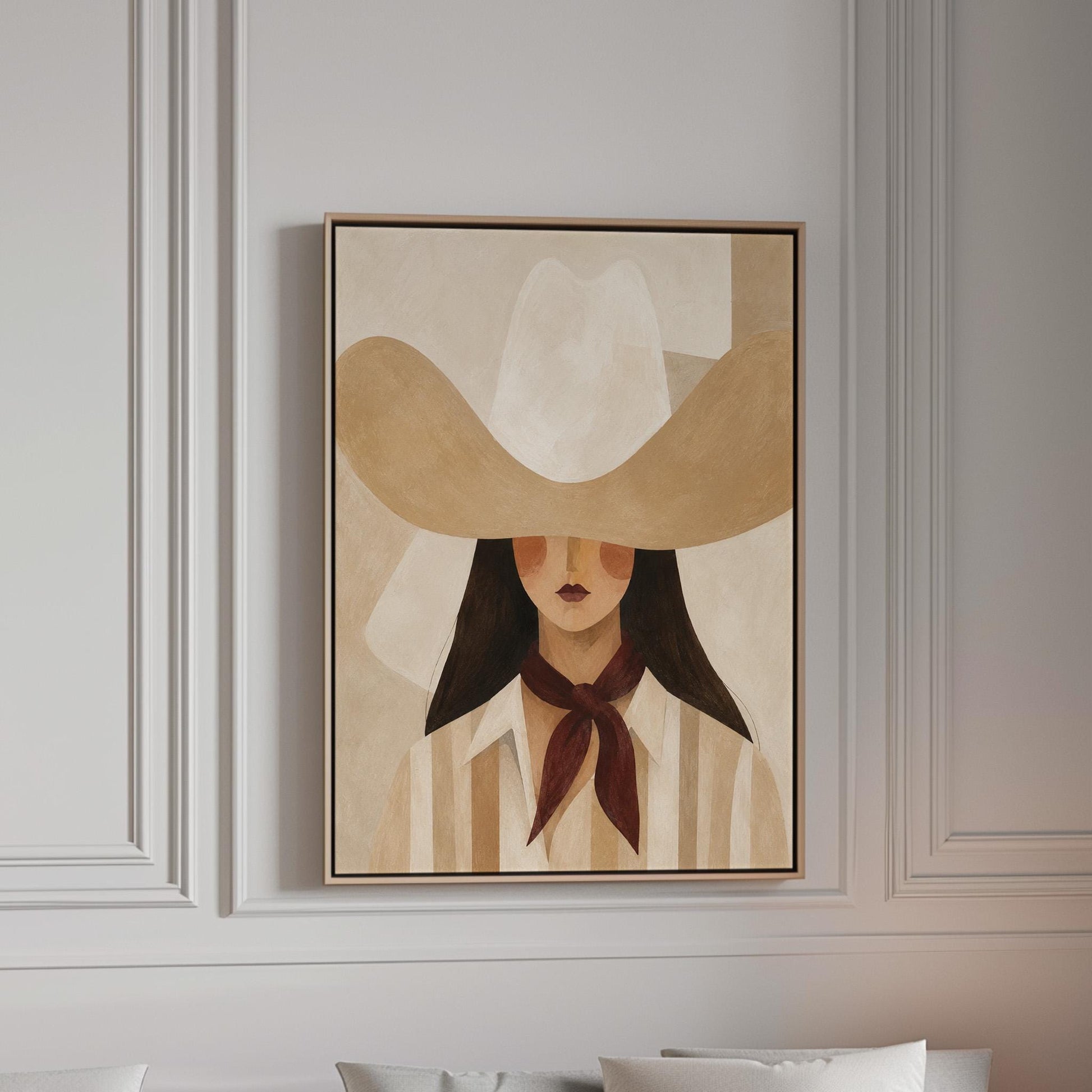 Close portrait of a cowgirl under a tan wide brim hat with a plum scarf, canvas print in a bright room with natural daylight