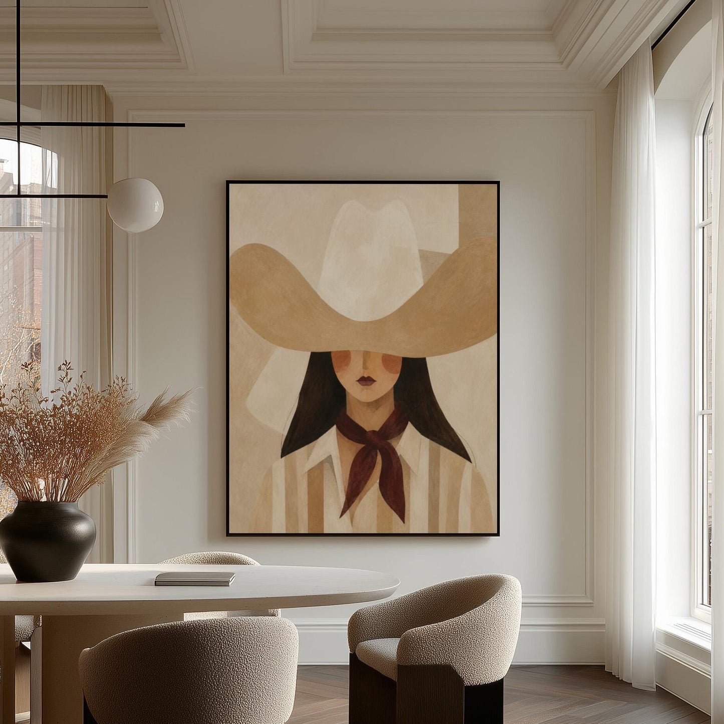 Close portrait of a cowgirl under a tan wide brim hat with a plum scarf, canvas print seen in a warm interior with natural light