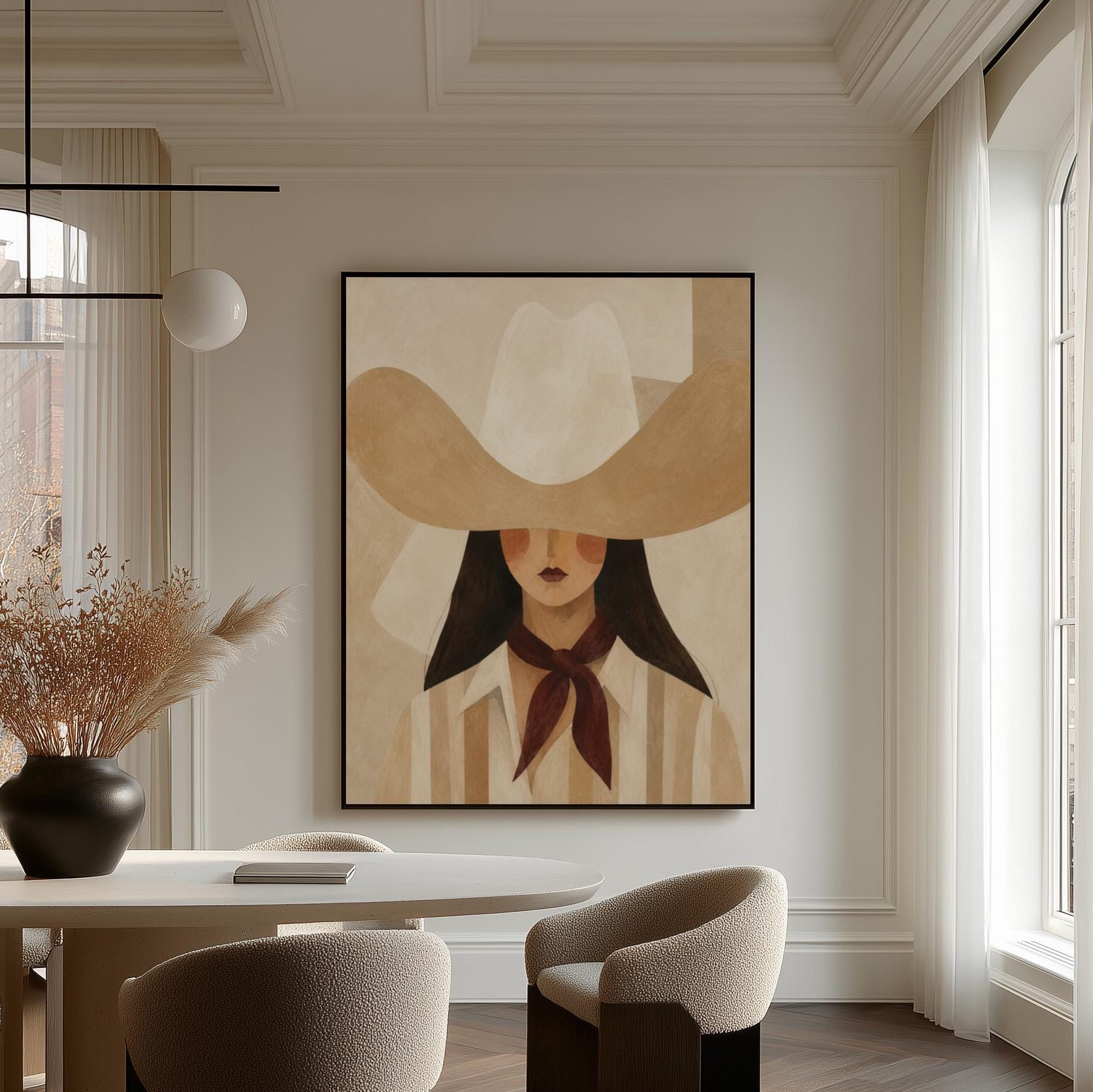 Close portrait of a cowgirl under a tan wide brim hat with a plum scarf, canvas print seen in a warm interior with natural light