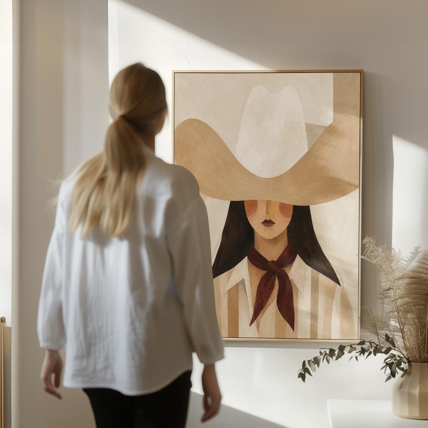 Close portrait of a cowgirl under a tan wide brim hat with a plum scarf, canvas print presented in a light, minimal room
