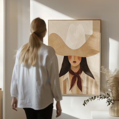 Close portrait of a cowgirl under a tan wide brim hat with a plum scarf, canvas print presented in a light, minimal room