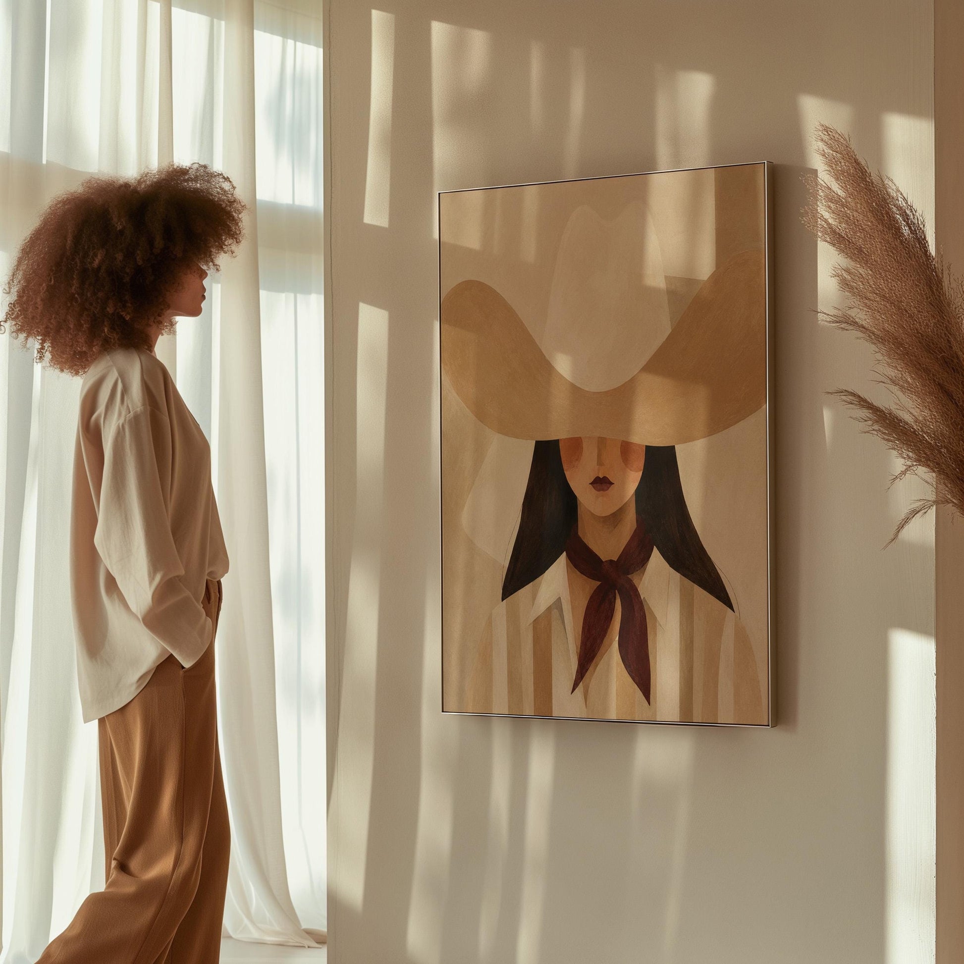 Close portrait of a cowgirl under a tan wide brim hat with a plum scarf, canvas print displayed on a neutral wall in a styled interior