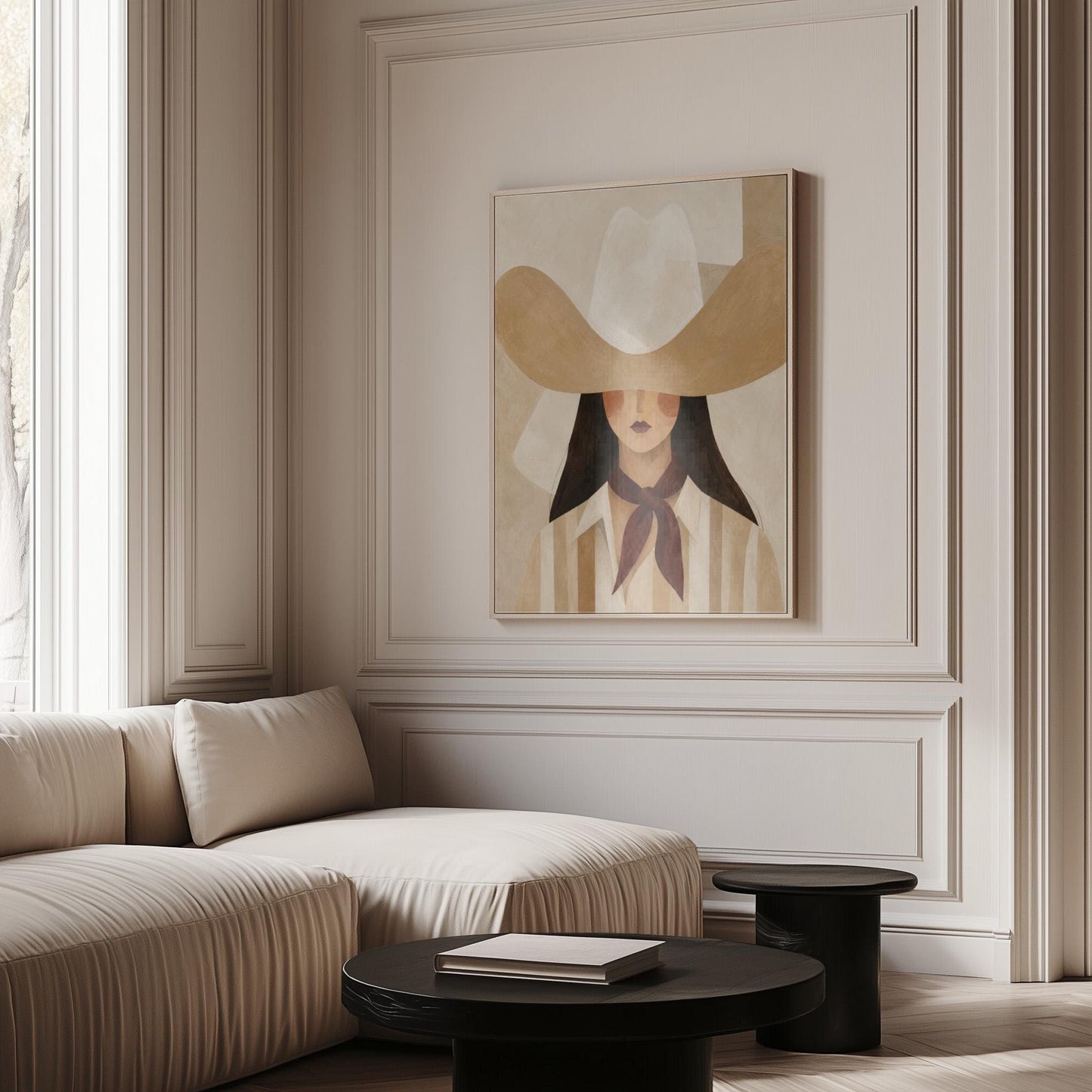 Close portrait of a cowgirl under a tan wide brim hat with a plum scarf, canvas wall art styled against a soft white wall
