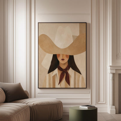 Close portrait of a cowgirl under a tan wide brim hat with a plum scarf, canvas print on a softly lit wall in a calm interior