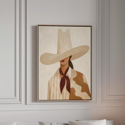 Cowgirl in a tall cream hat wearing a cowhide shawl and mauve scarf, canvas print in a bright room with natural daylight