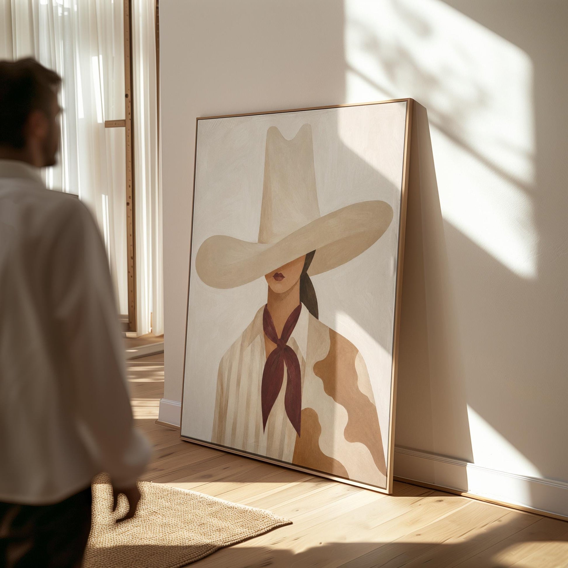 Cowgirl in a tall cream hat wearing a cowhide shawl and mauve scarf, canvas print hanging in a calm, modern living space