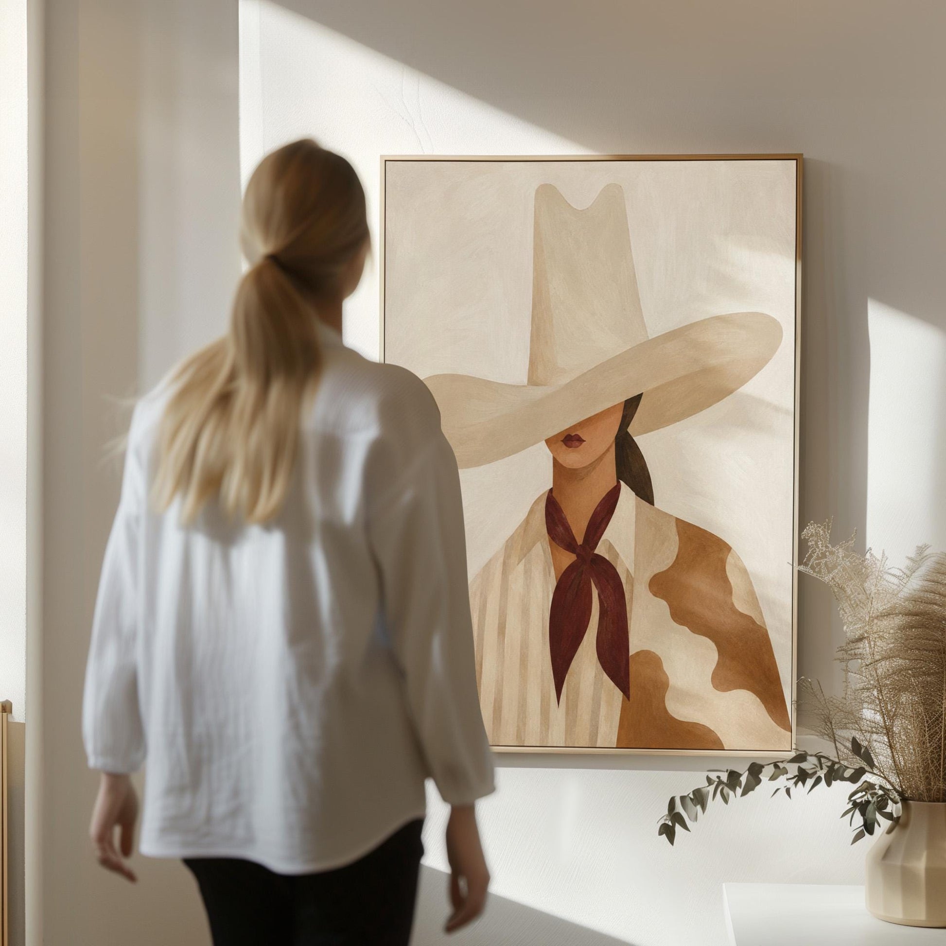 Cowgirl in a tall cream hat wearing a cowhide shawl and mauve scarf, canvas print shown in a sunlit, contemporary room