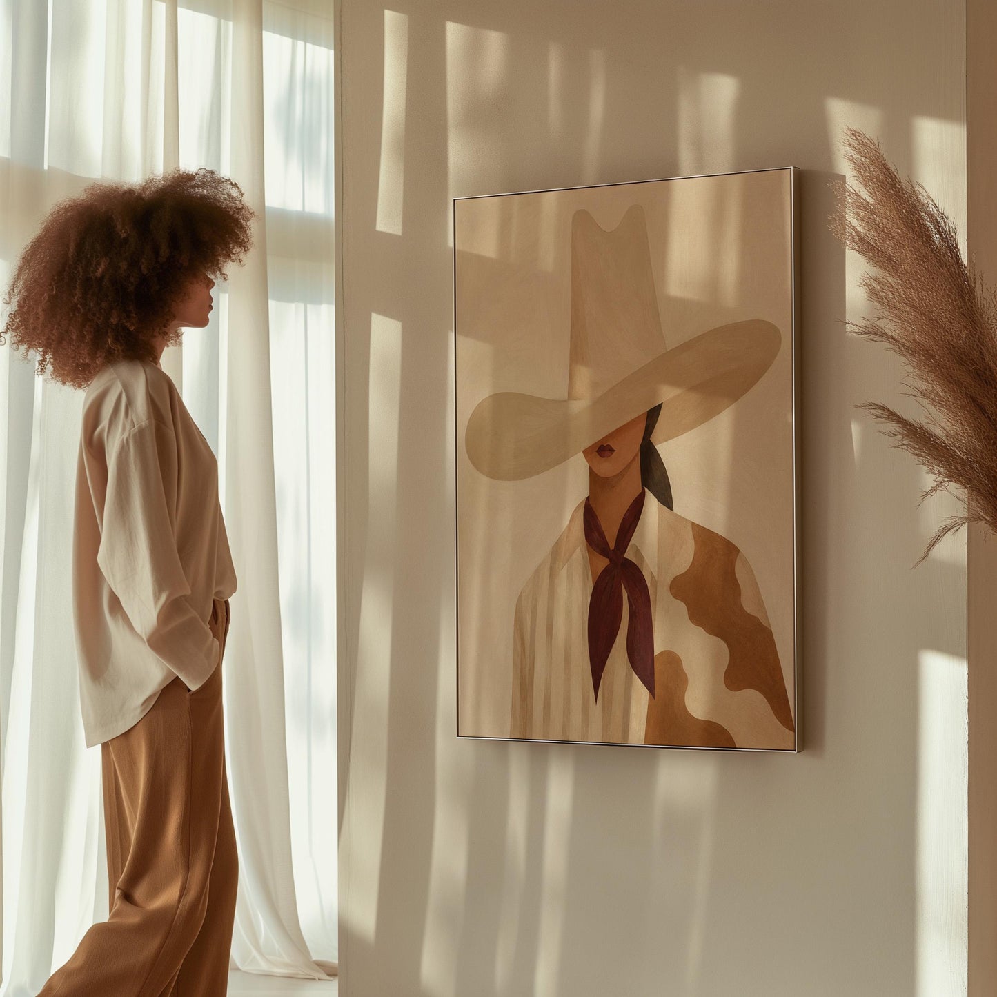 Cowgirl in a tall cream hat wearing a cowhide shawl and mauve scarf, canvas wall art seen in a warm interior with natural light