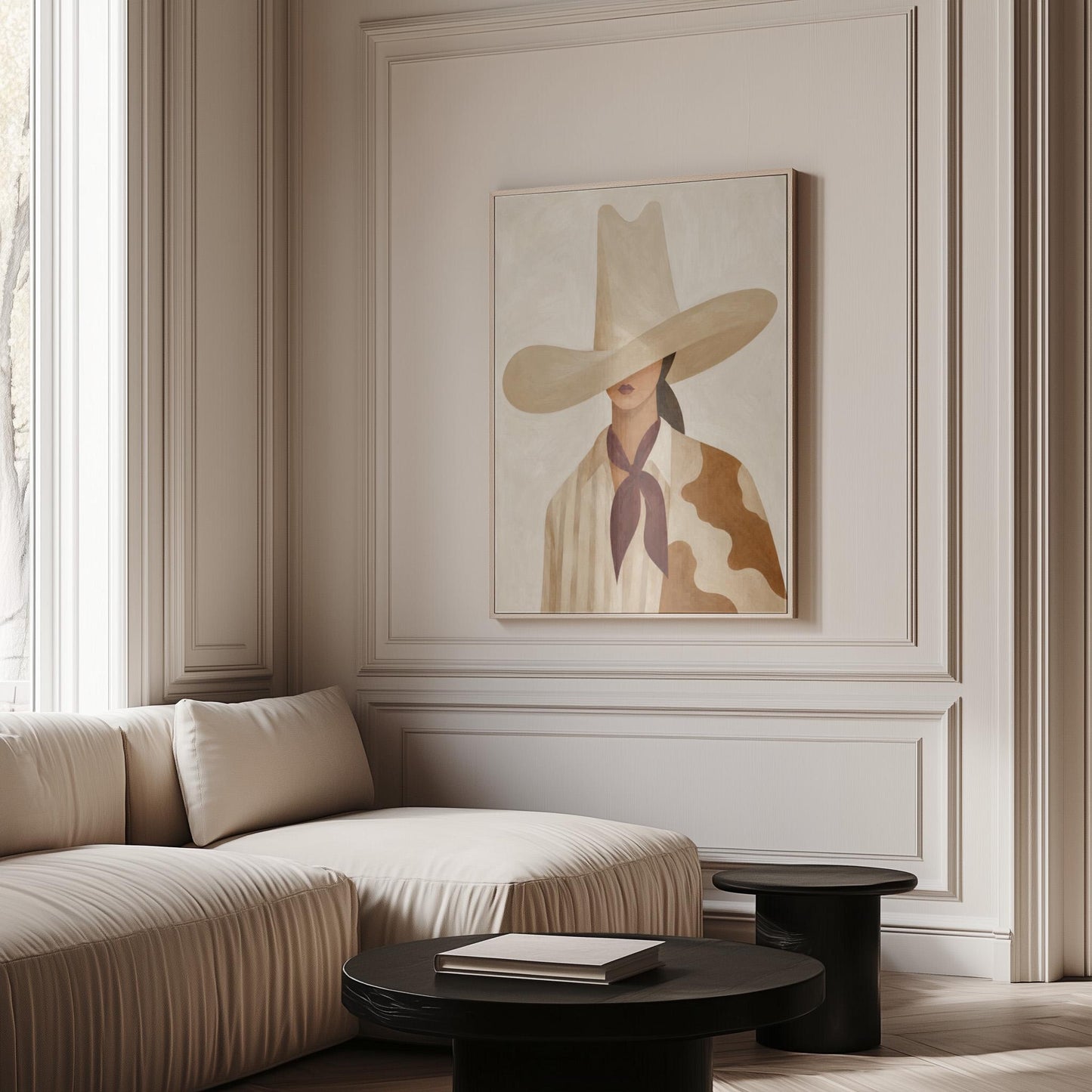 Cowgirl in a tall cream hat wearing a cowhide shawl and mauve scarf, canvas wall art on a quiet wall in a considered interior