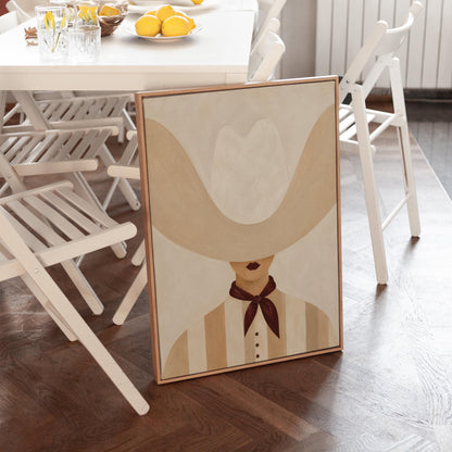 Woman under an oversized pale cowboy hat with a plum neckerchief, canvas print styled against a soft white wall