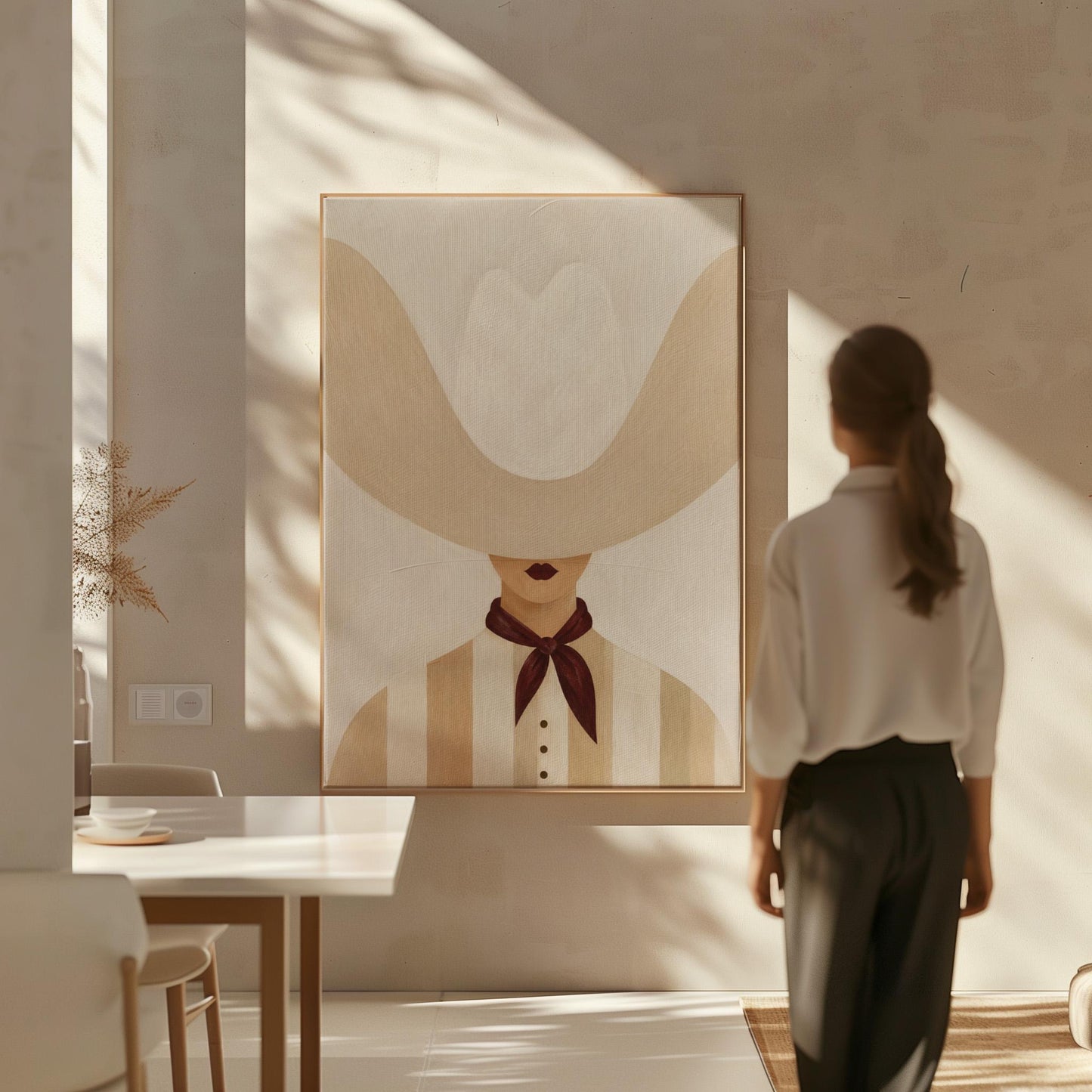 Woman under an oversized pale cowboy hat with a plum neckerchief, canvas print seen in a warm interior with natural light