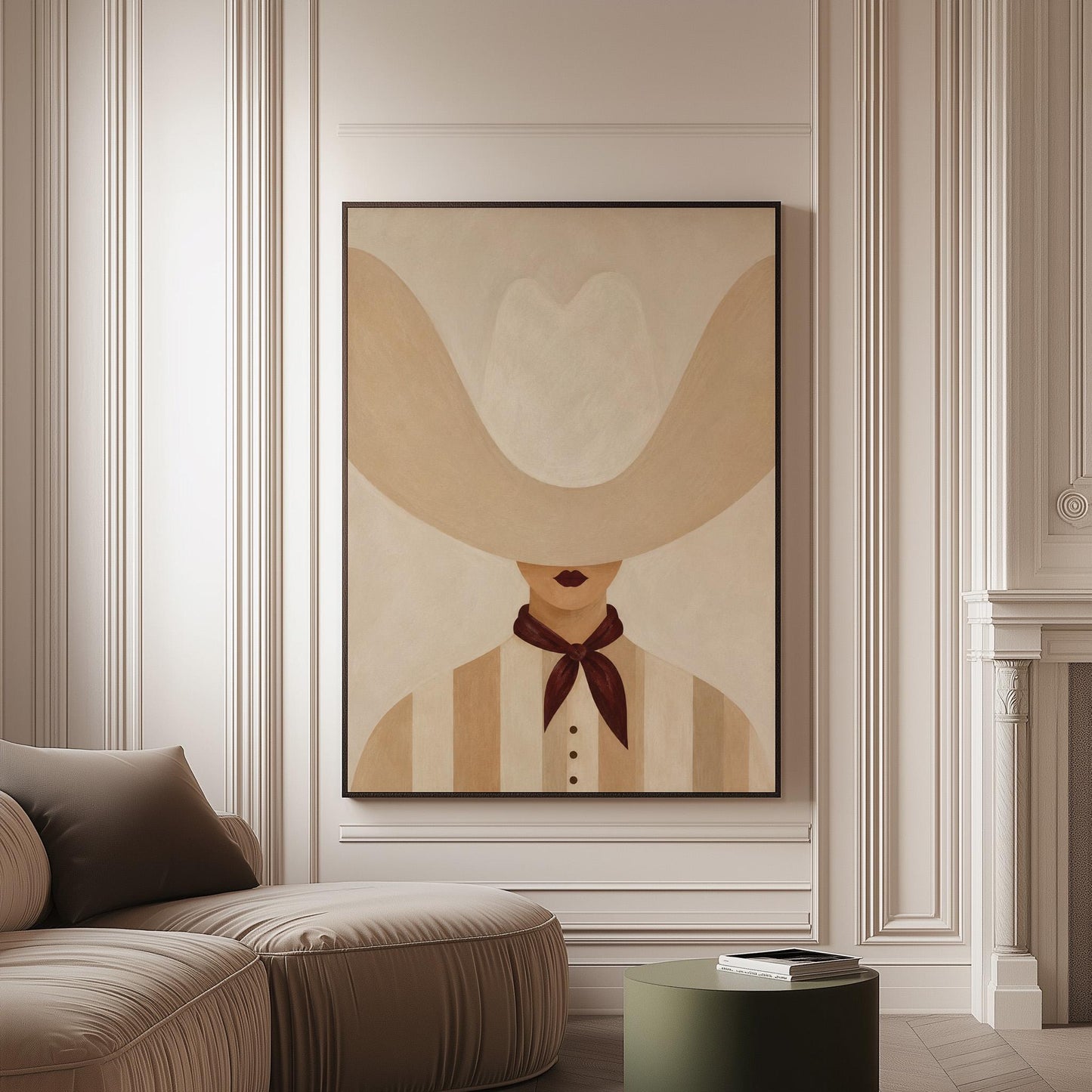 Woman under an oversized pale cowboy hat with a plum neckerchief, canvas print on a softly lit wall in a calm interior