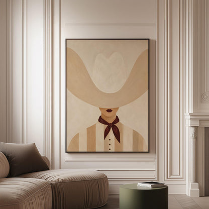 Woman under an oversized pale cowboy hat with a plum neckerchief, canvas print on a softly lit wall in a calm interior