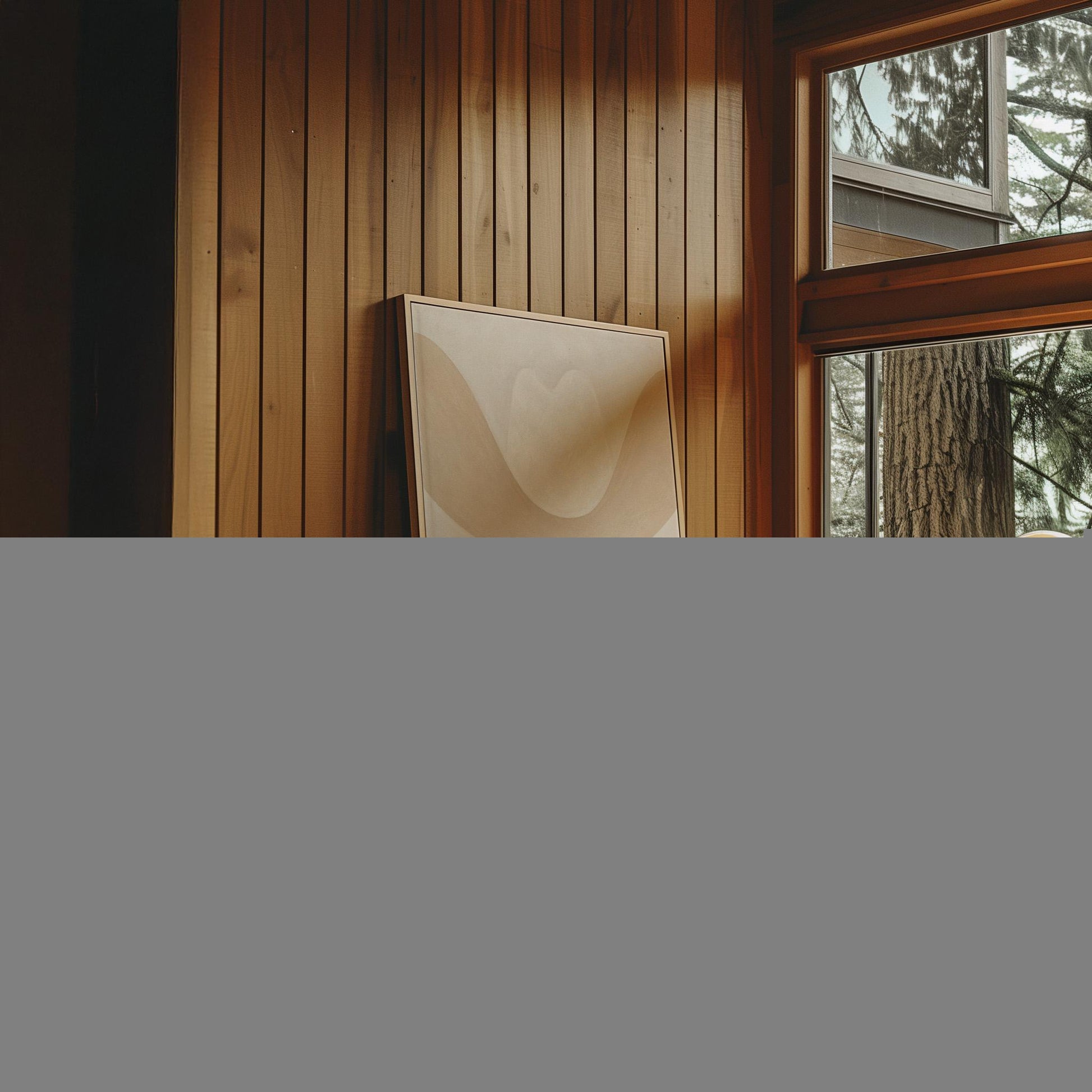 Woman under an oversized pale cowboy hat with a plum neckerchief, canvas print shown in a sunlit, contemporary room