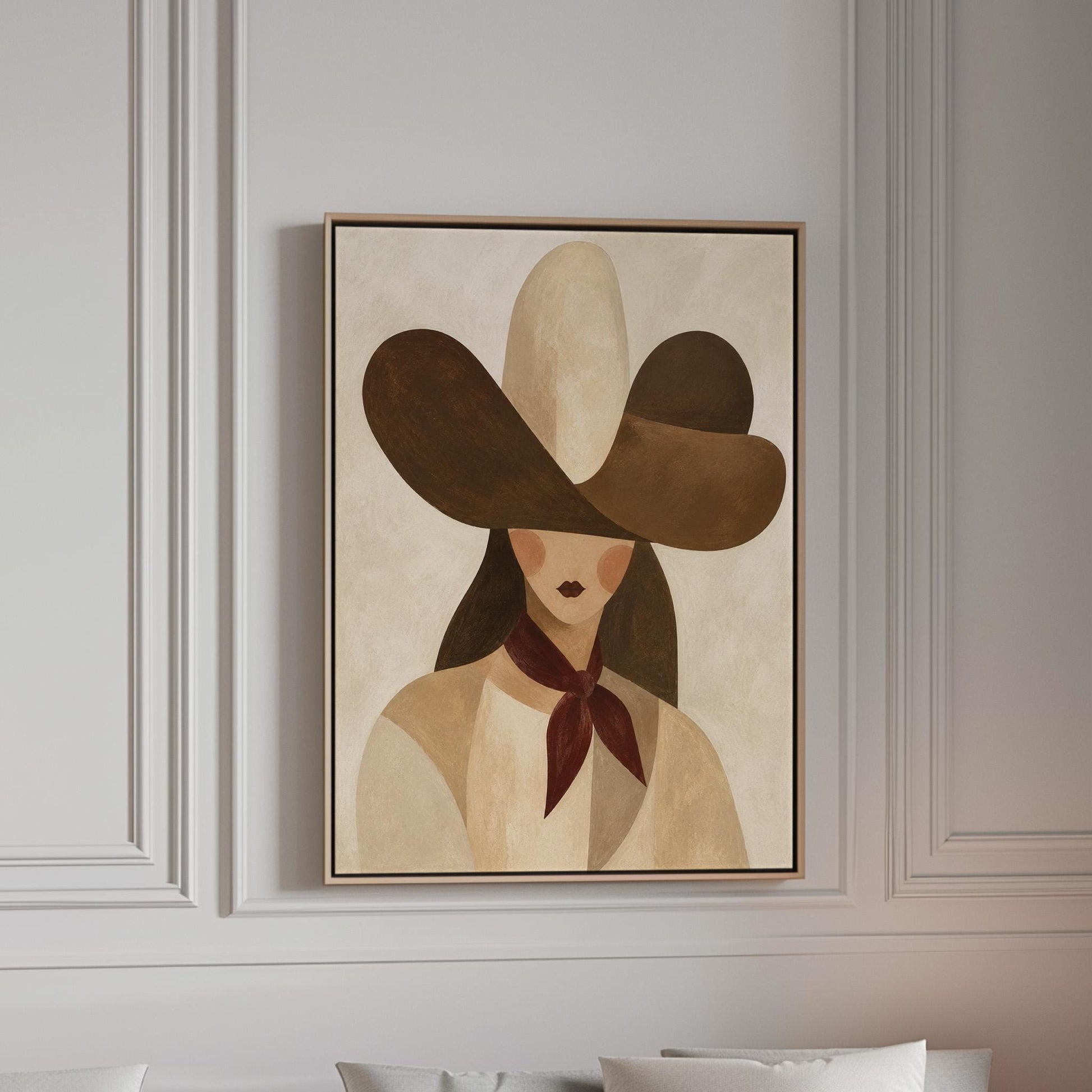 Woman in a deep brown cowboy hat with long hair and a wine red scarf, canvas print in a bright room with natural daylight